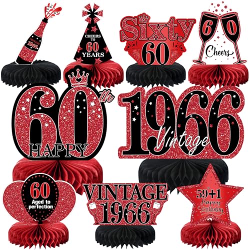 Image of 9Pcs 60th Birthday Decorations Red and Black 60th Birthday Party Decorations for Women,Happy 60 Years Vintage 1966 Aged Honeycomb Centerpieces Table Sign Decor Supplies