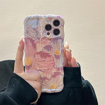 QLTYPRI Compatible with iPhone 12 Case, Retro Flowers Floral Oil Painting Blu-Ray Case for Girls Women, Cute Curly Wave Frame Soft Slim TPU Bumper Shockproof Protective Phone Cover - Pink