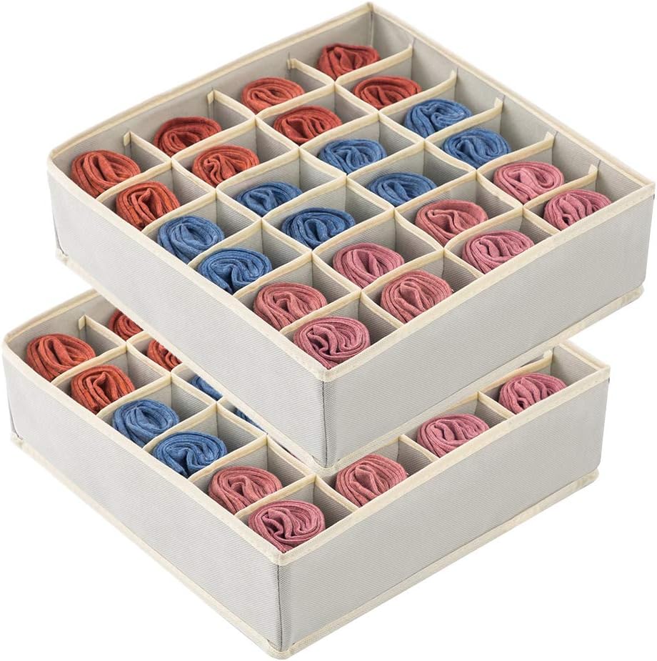 Qozary 2 Pack Sock Underwear Organizer, Non-Woven Fabric 24 Cell Drawer Organizer Divider, Collapsible Closet Cabinet Storage Boxes for Storing Socks, Lingerie, Underwear, Clothes (Gray)