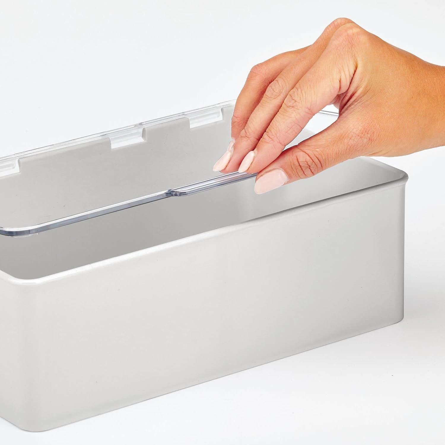mDesign Plastic Household Storage Bin Box Organizer Container with Hinge Lid for Kitchen, Office, Bathroom, Bedroom, Hold Food, Snacks, Makeup, Toys, Work Supplies, Accessories, Light Gray/Clear