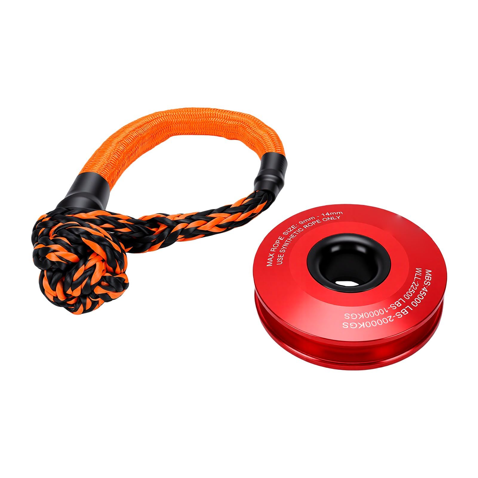 AMONIDA Zestaw Linowy Soft Shackle 45000lbs | Wytrzymałość na zerwanie 45000 funtów, pierścień zwrotny ze stopu aluminium, tylko lina syntetyczna, holowanie w terenie,