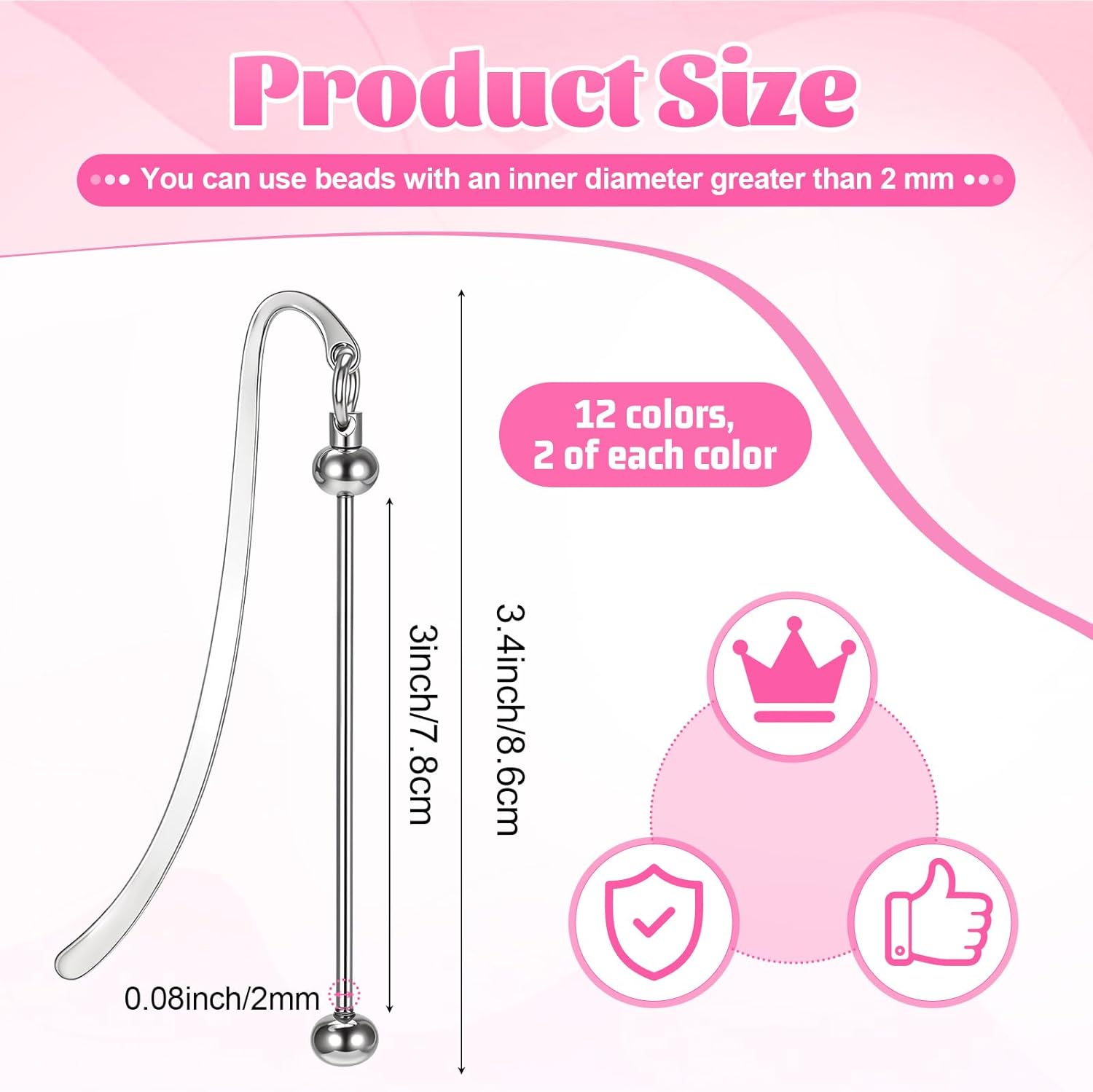 24 Pcs Beadable Bookmarks DIY Metal Blank Bar Bookmark Silver for Beads DIY Bookmarks Craft Jewelry Pendant Charm Gift for Book Lovers Student Teacher Office Supplies, 12 Colors - Image 2