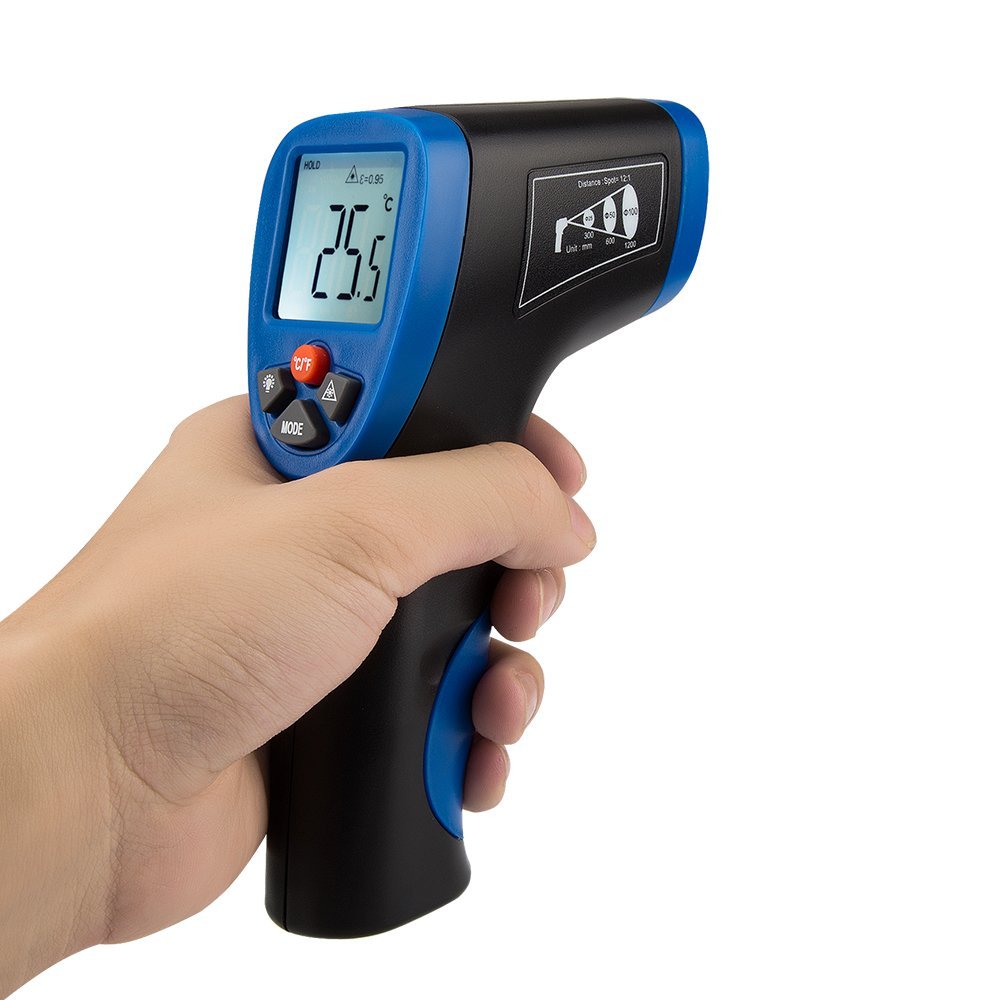 A hand holding the AVANTEK Infrared Thermometer, showing the display with a temperature reading and the distance to spot ratio diagram on the side.