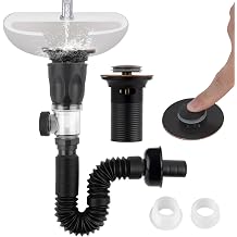 iFealClear Bathroom Sink Drain Kits, Flexible P-Trap Drain Pipe with Pop Up Stopper, Bathroom Sink Pipe Replacement with 2 Adapters, Fits 1-1/4, 1-1/2, 2" Holes, Hair Catcher, Oil Rubbed Bronze