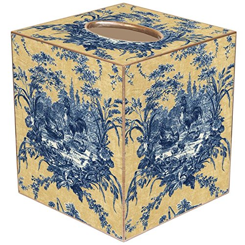 Blue and Yellow Toile Paper Mache Tissue Box Cover