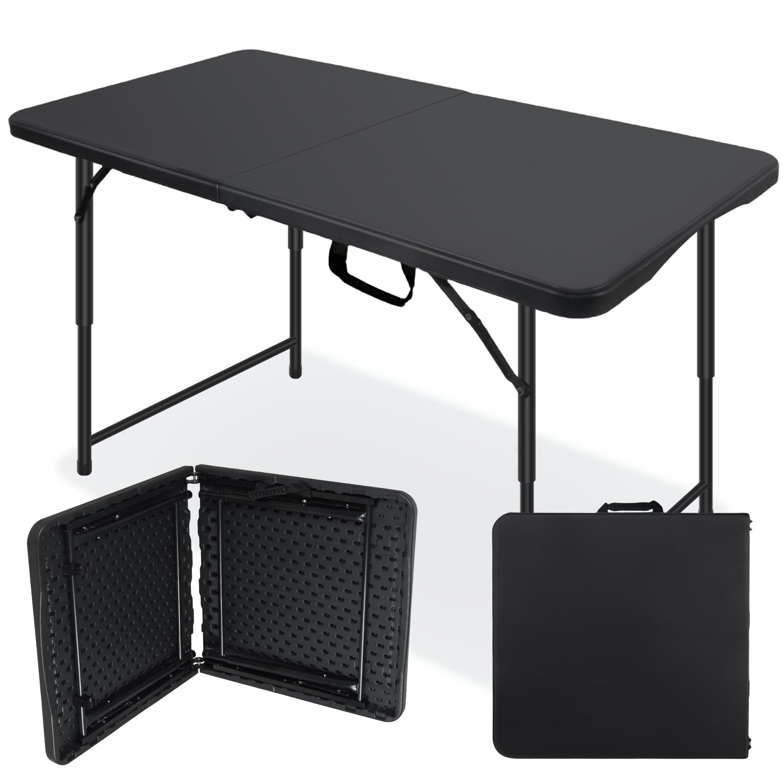 folding table 4 foot,portable plastic fold-in-half heavy duty picnic foldable table,indoor outdoor adjustable height black folding table with carrying handle for camping,party,dining