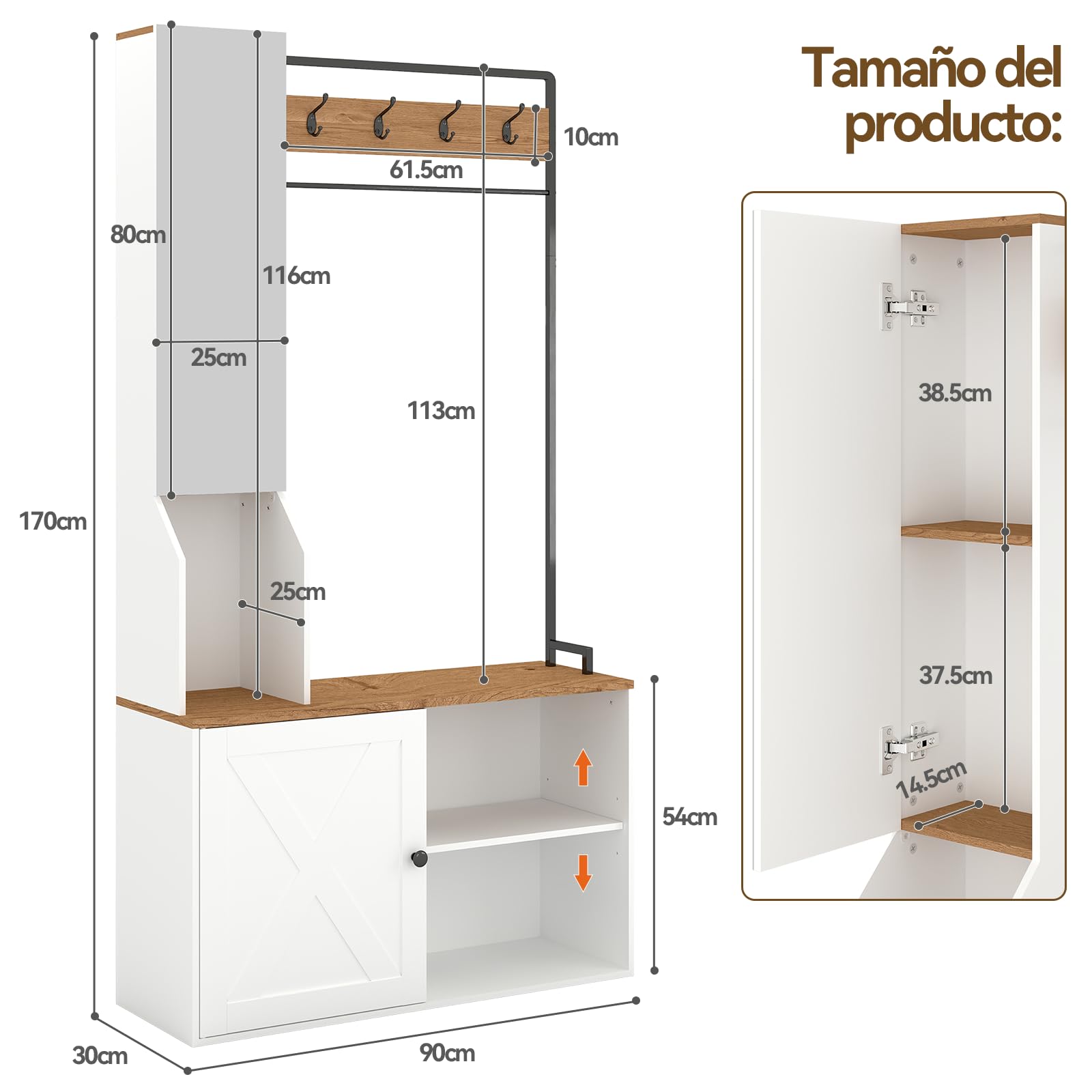 YU YUSING Perchero Zapatero Multifuncional, Perchero Entrada Recibidor | Espejo con Zapatero con Banco para Zapatos, Mueble Zapatero Recibidor Moderno con 4 Ganchos,90x30x170cm, Blanco y Natural
