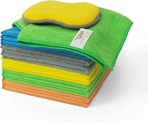Paños de limpieza de microfibra para casa, paquete de 12 paños de microfibra con esponja, altamente absorbentes, suaves, sin pelusas ni rayas, 5