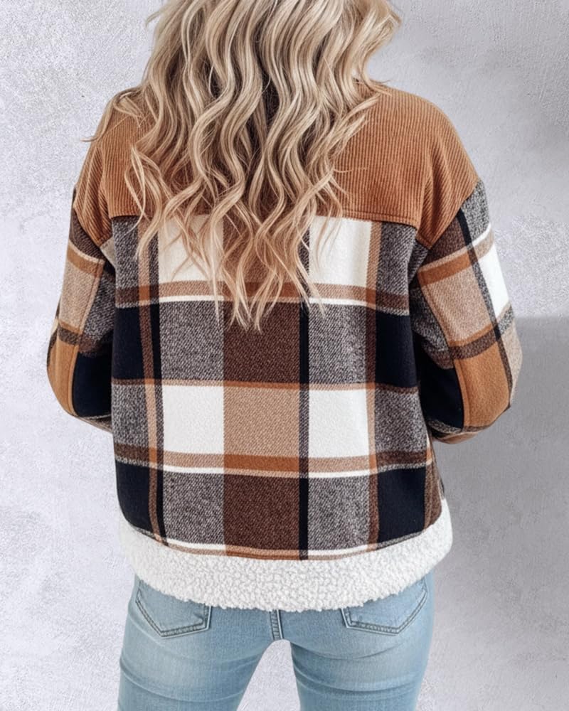 CHICME Womens Plaid Fleece Jacket Long Sleeve Sherpa Lined Winter Jackets Warm Coat - Image 2