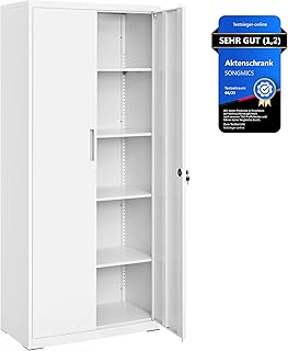 SONGMICS Aktenschrank, Mehrzweckschrank, Stahl-Aufbewahrungsschrank, 5 Ebenen, Doppeltüren, Schloss, Werkzeugschrank, verstellbare Ablagen, Garage, Büro, Wohnzimmer, weiß OMC015W01
