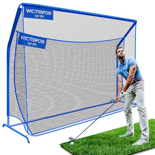 Golf Hitting Net with Extra Striking Net, 10x7ft Heavy Duty Golf Practice Net for Golfer Backyard Driving Swing, Golf Impact Net Cage Metal Frame with Storage Bag and Elevated Base, Indoor Outdoor Use