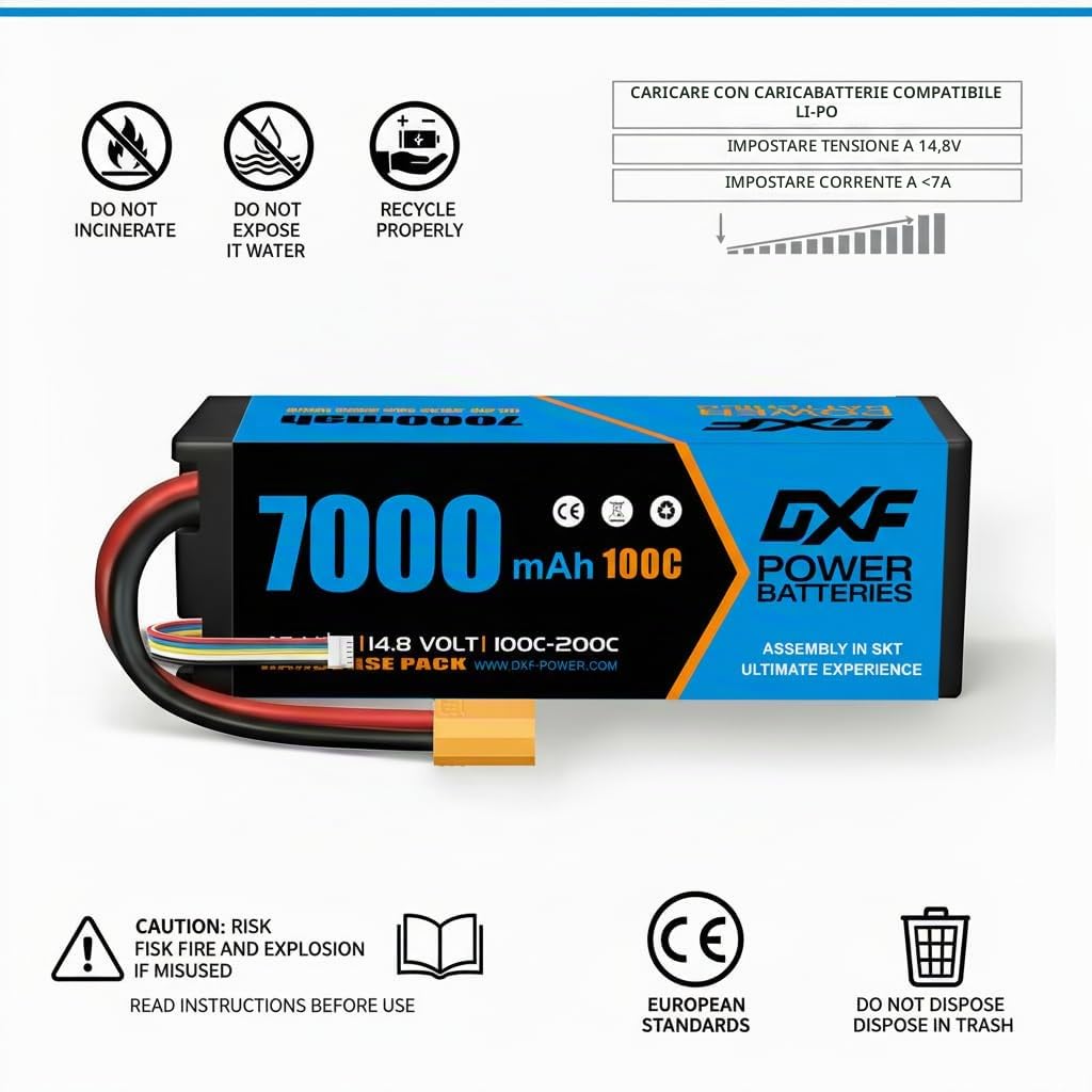 DXF 4S Lipo Batteria 14.8V 100C 7000mAh con Spina XT90 Batteria RC per Auto Camion Serbatoio RC Buggy Truggy Racing Hobby (2 pezzi)