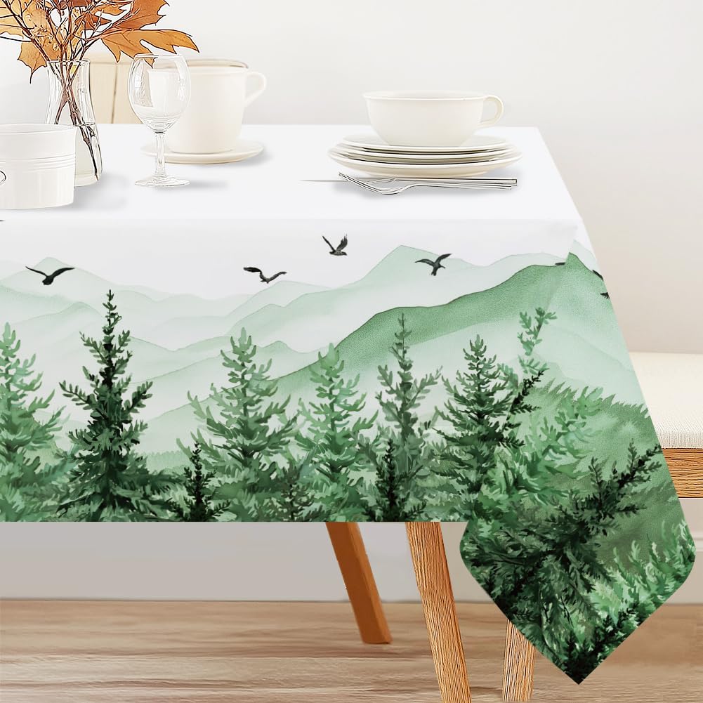 INFUNLY Forest Green Tablecloth Rectangle 60 x 90Inch Washable Mountain Pine Tree Table Cloth Watercolor Woodland Tablecloth Waterproof Polyester Rectangular Table Cover for Kitchen Party Picnic โ image 1