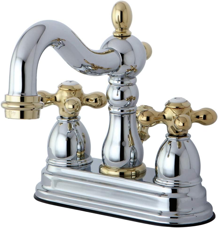 Kingston Brass KB1604AX Heritage 4" Centerset Lavatory Faucet with Metal Cross Handle, Chrome/Polished Brass