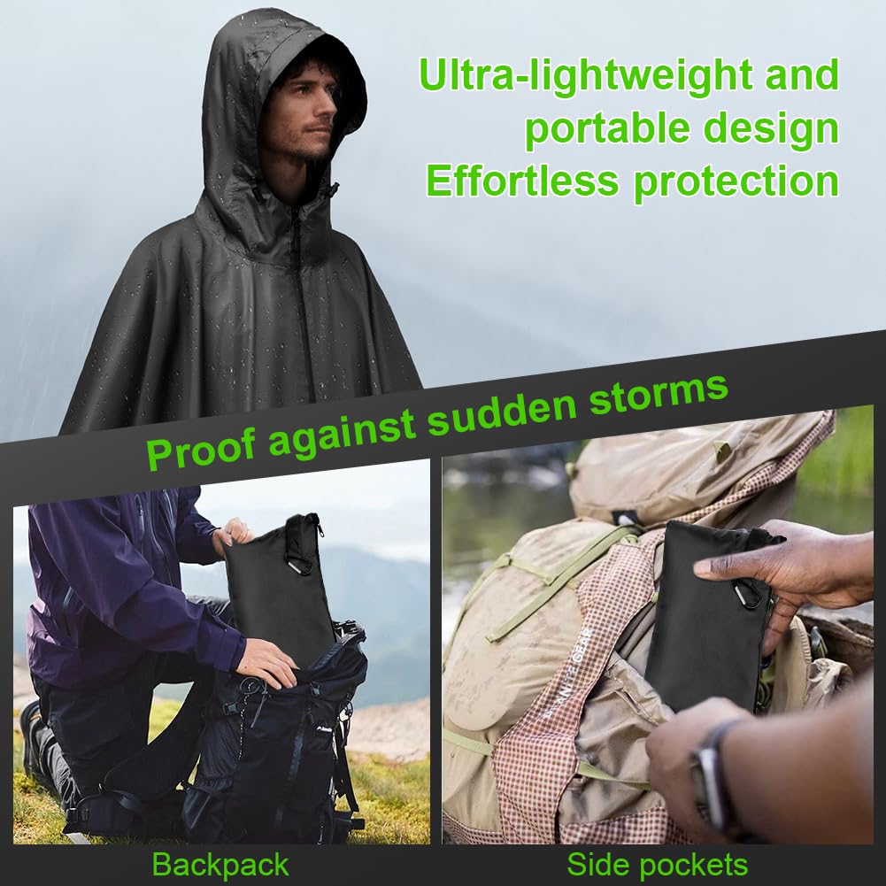 Vicloon Poncho de Lluvia Impermeable, 210T Chubasquero con Capucha para Mujer Hombres, 3 en 1 Multifuncional Chubasquero Transpirable Ultrafino, Toldo Manta, Estera de Camping, Talla grande con Bolsa