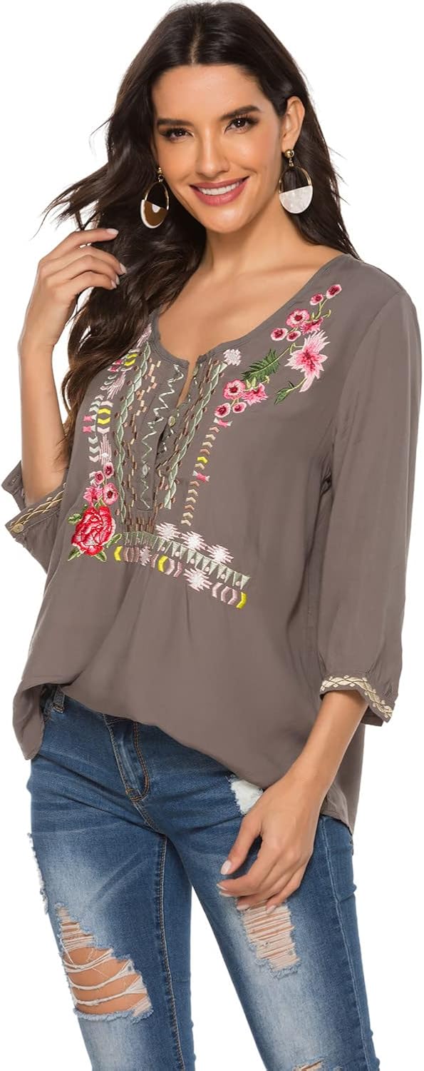 AK Women's Boho Embroidered Tops 3/4 Sleeve Mexican Peasant Shirts Bohemian Loose Tunic Blouses - Image 4