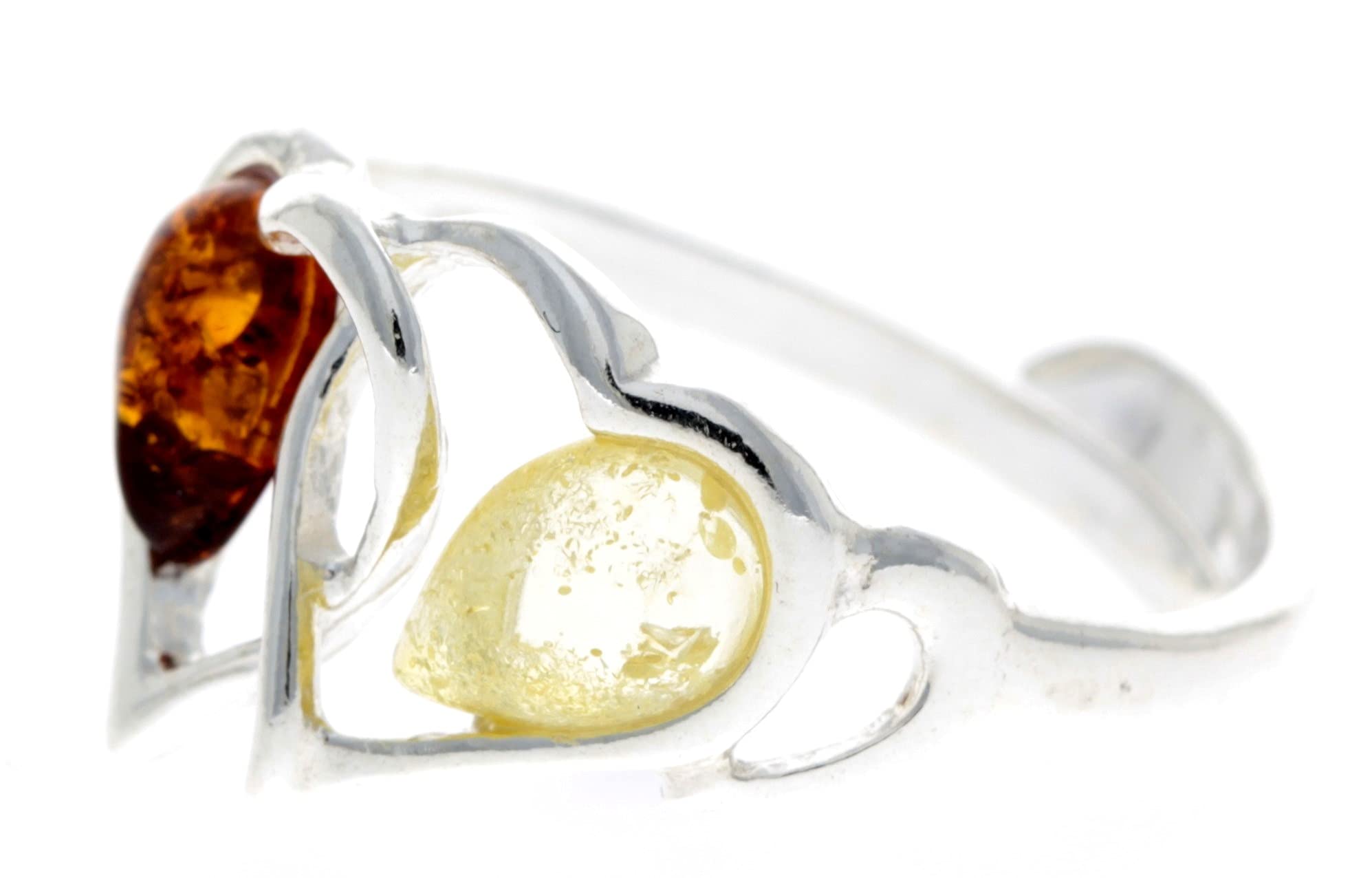 SilverAmber Jewellery Anillo ajustable de plata de ley 925 y ámbar báltico doble corazón – GL713, One-Size, Plata de ley, Ámbar de miel