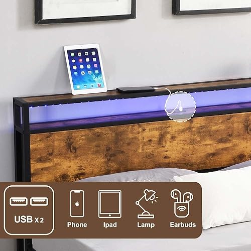 Miniatura 4 de Base de cama de plataforma de metal tamaño Queen con cabecero y estribo de madera con luces USB y LED, no necesita somier, gran almacenamiento
