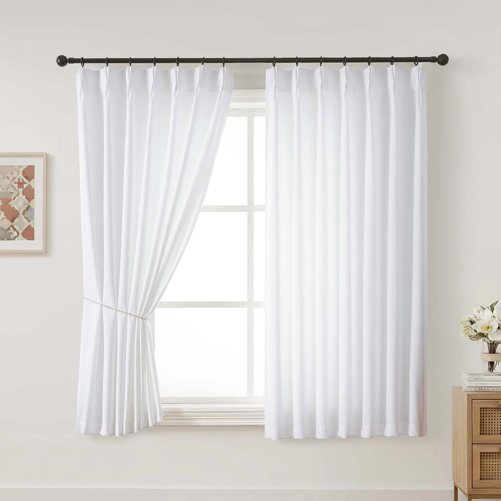 Ebesto White Pinch Pleated Curtains 63 Inch Length 2 Panels Set, Light Filtering Textured Soft Airy Polyester Fabric Curtains for Living Room, Farmhouse Thick Window Drapes, 2x40Wx63L Inches