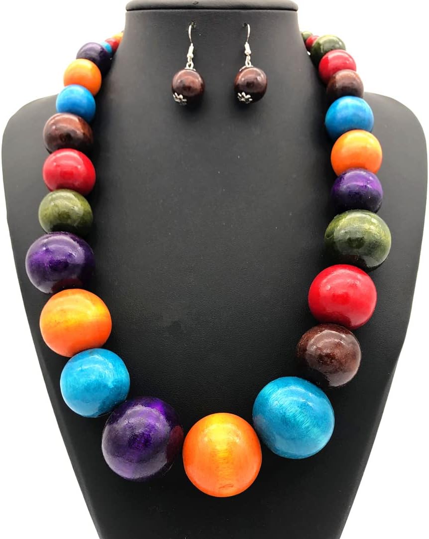 Colorful African Wooden Beaded Choker Neckalce Drop Dangle Earrings Set Chunky Strands Beads Large Bib Collar for Women 60's 70s Wedding Bohemain Jewelry image 3