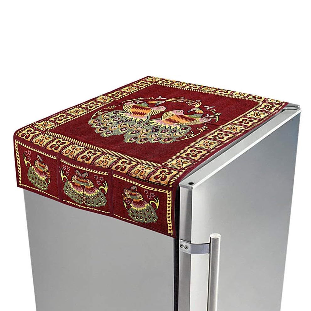 Madhabi Cotton Fridge Top Cover Set with Peacock Design | Dustproof Refrigerator Cover with 6 Utility Side Pockets | Standard Size 100x60 cm | Appliance Cover for All Types of Fridges
