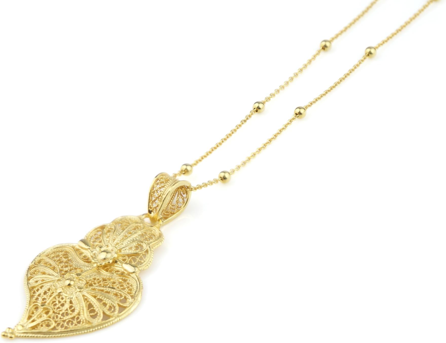 Portuguese Filigree Necklace w/small Viana Heart PENDANT, 925 Sterling Silver w/Gold Bath