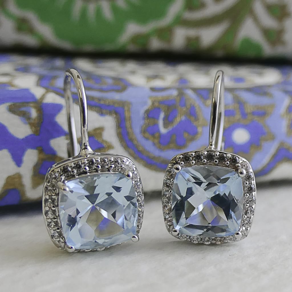 Blautopas Ohrhanger 925 Sterling Silber (Silber) | Kissenschliff Edelstein mit Zirkonia Halo - Handverlesener Naturstein - Geschenkidee fur Frauen - Designed in Norwegen