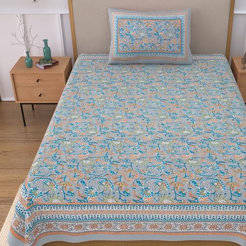 Image of 100% Cotton Single Bedsheet with 1 Pillow Cover | 240 TC Pure Cotton Flat Bed Sheet | Traditional Jaipuri Printed Bedding Set | Soft & Breathable | 60 x 90 Inch (Rangmahal Single 08)