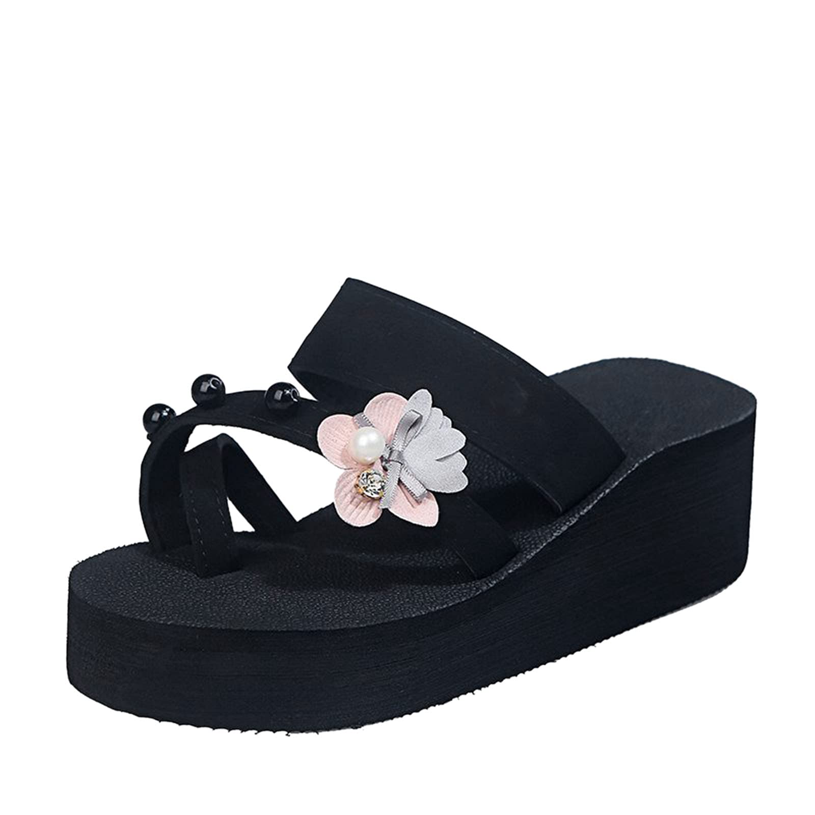 AnFeng Womens Platform Wedge Flip Flop Arch Support Walking Slippers Bohemia Flowers Sandal Travel Walking Flats Shoes Black