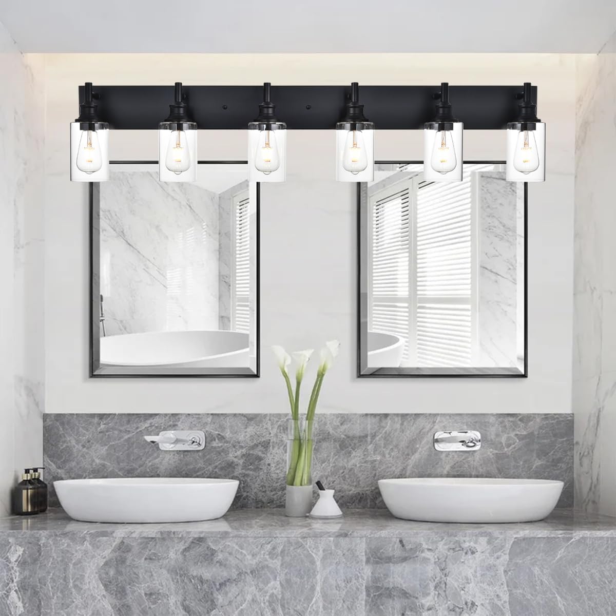6 Light Bathroom Vanity Lights Black Bathroom Lighting Fixtures Over Mirror with Clear Glass Shades, Farmhouse Wall Sconces Vanity Lighting Fixture for Bedroom Living Room