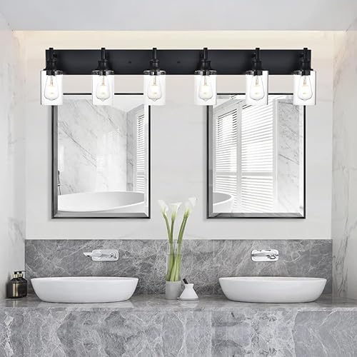 Miniatura 3 de 6 luces de tocador de baño, accesorios de iluminación de baño negros sobre espejo con pantallas de vidrio transparente, apliques de pared de granja