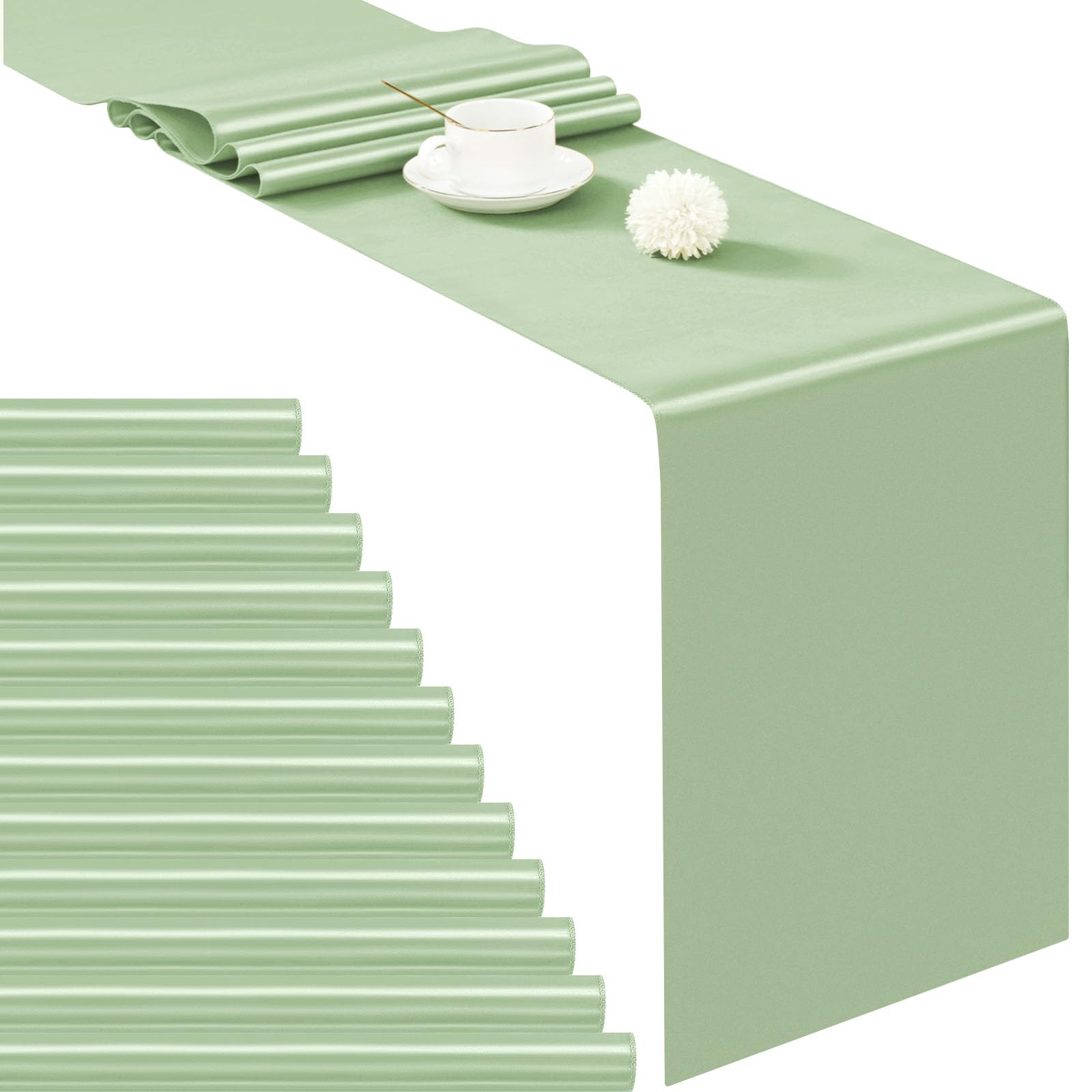 Pesonlook 12 Pack Sage Green Satin Table Runner, 12×72 Inch, Wedding, Party