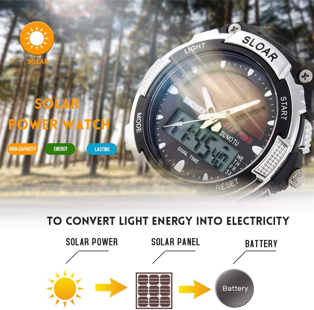 Diagram showing the conversion of light energy to electricity: Sun icon -> Solar Panel icon -> Battery icon, illustrating how the watch charges.