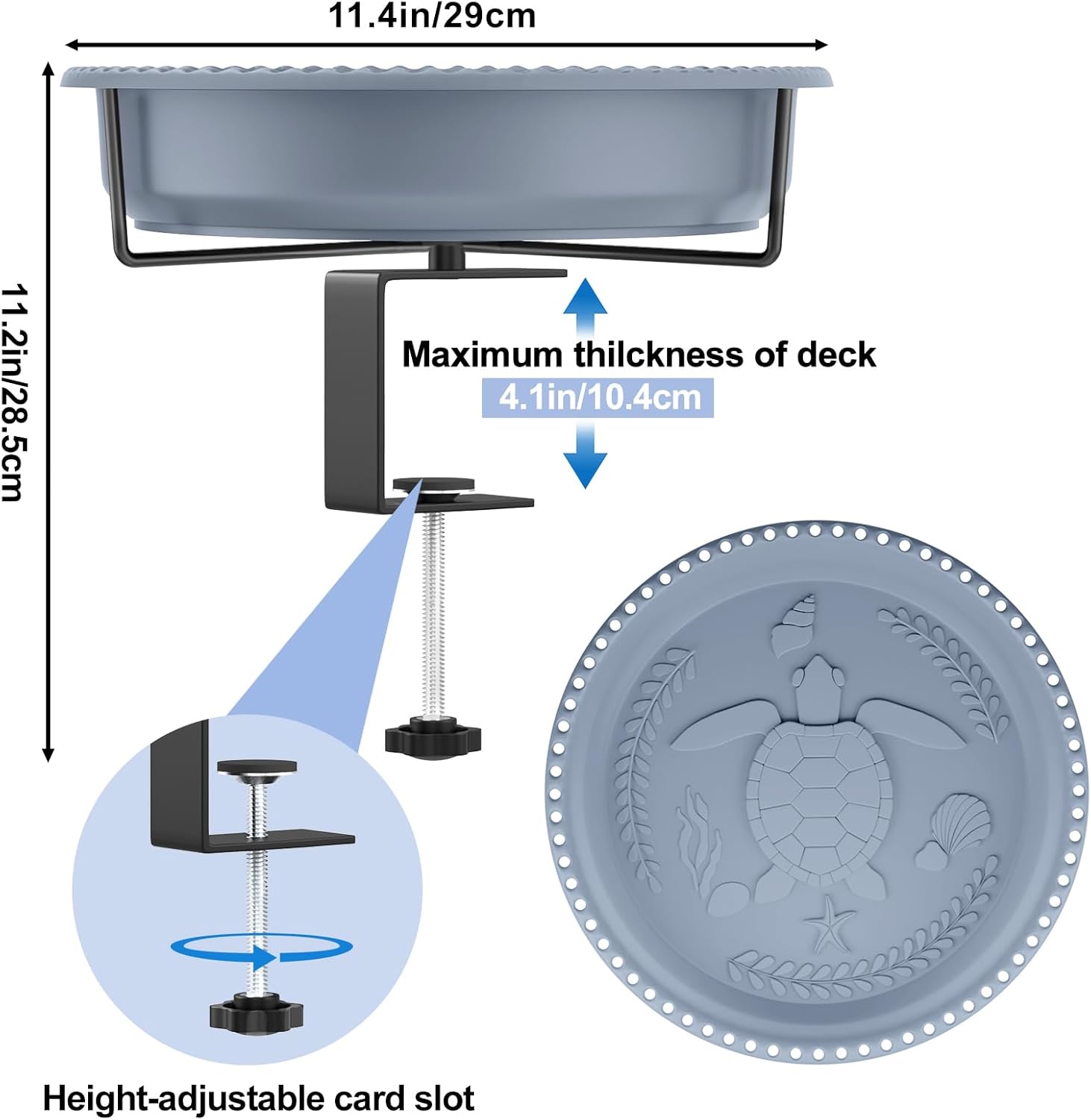 Bird Baths for Outdoors, Rustproof Metal Clamp Birdbaths & Birdfeeder with Detachable Plastic Basin, Outdoor Bird Feeding & Watering Station for Wild Birds Garden Patio Balcony (Grey)
