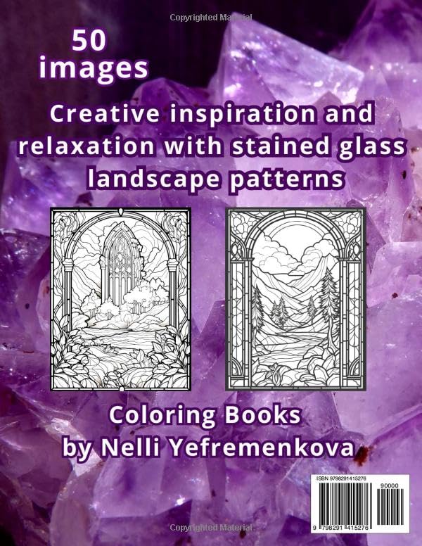 RELAX STAINED GLASS LANDSCAPES ADULT COLORING BOOK: 50 images Creative inspiration and relaxation with stained glass landscape patterns ("Stained Glass Magic" Coloring Book Set) image 3