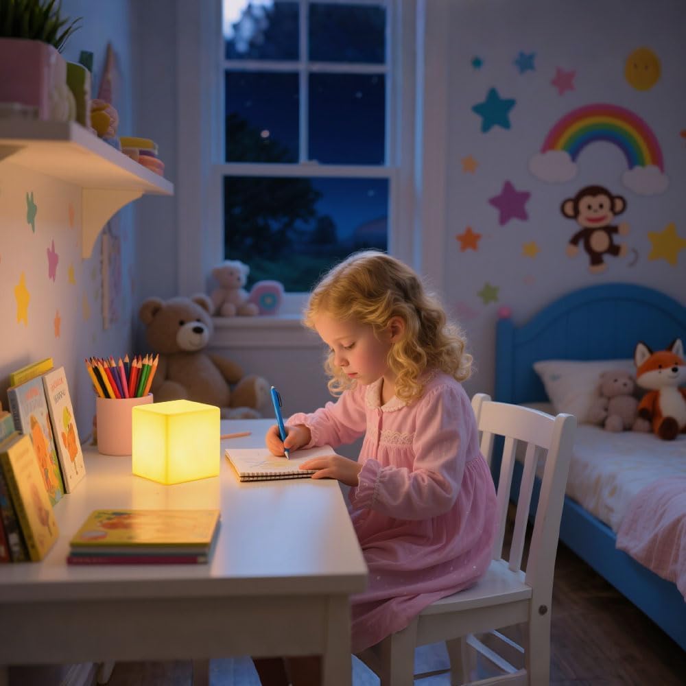 Mr.Go Luce notturna a LED da 15,2 cm, cubo luminoso per bambini, con telecomando, 16 colori RGB, luminosità dimmerabile, 4 modalità di cambio colore, ricaricabile tramite USB, lampada da comodino per