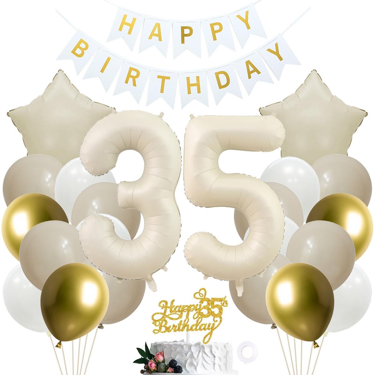 SNOWZAN 35th Birthday Decoration: Girl Boy Cake Topper, Balloons, Banner, Ribbon - White Gold, Starry Birthday, 25 Count