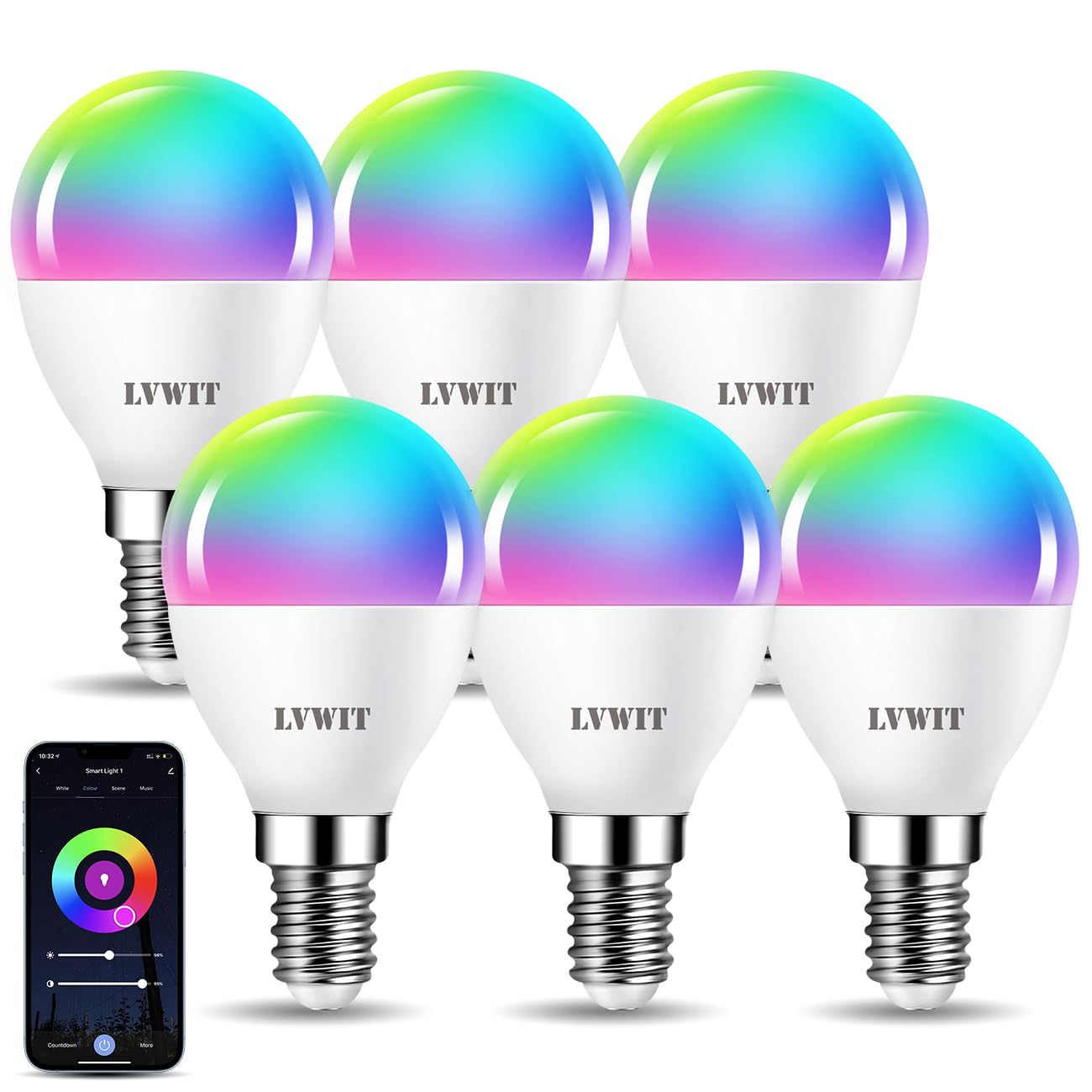 LVWIT Bombillas Inteligente E14, Compatible con Alexa, Google Home Assistant y Smart Life/Tuya App, Bombilla Wi-Fi Golf 5W 470 Lm, Lámpara Regulable LED P45 equivalente a 40W - 6 Unidades.