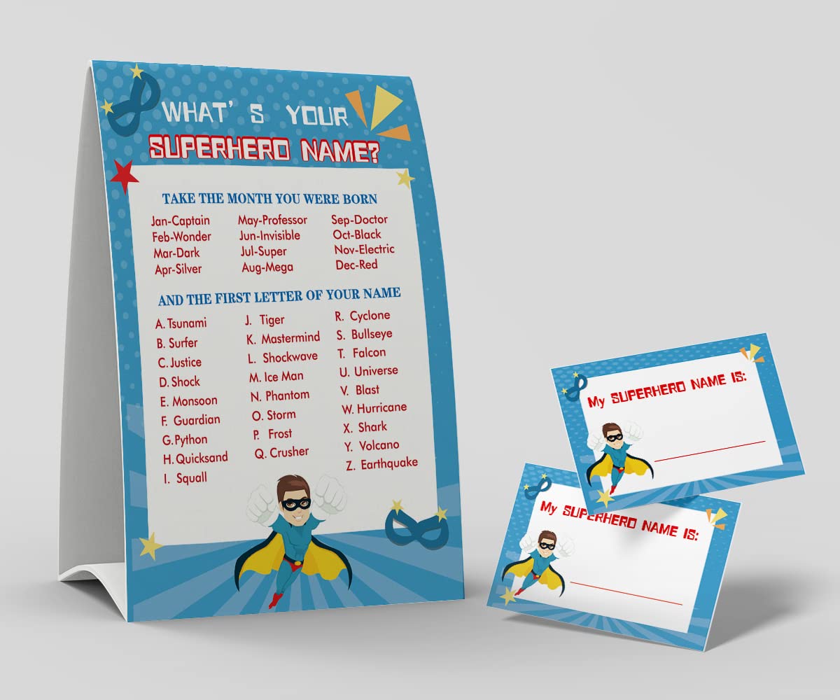 Amazon.com: What's Your Superhero Name Game, 1 Superhero Theme Sign and 50  Name Tag Stickers, Birthday Game for Kids and Adult Parties, Activity Game  for Office or Class | F006 : Toys & Games