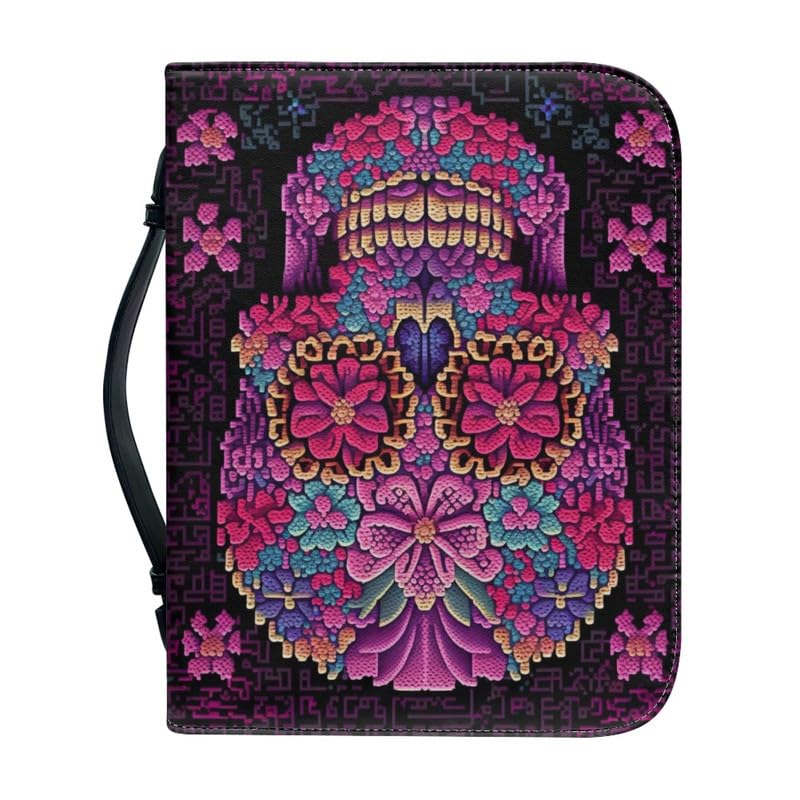 Garronmavis Pixel Skulls PU Leather Bible Case for Women Flower Skull Skull Painting Bible Bag, Halloween Bible Protective Bags - M - Image 3