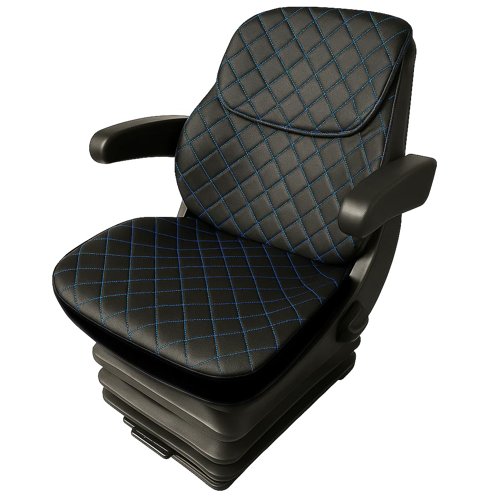 Set di 3 coprisedili universali resistenti per trattore con poggiatesta, coprisedili per carrello elevatore (pelle nera, cuciture blu)