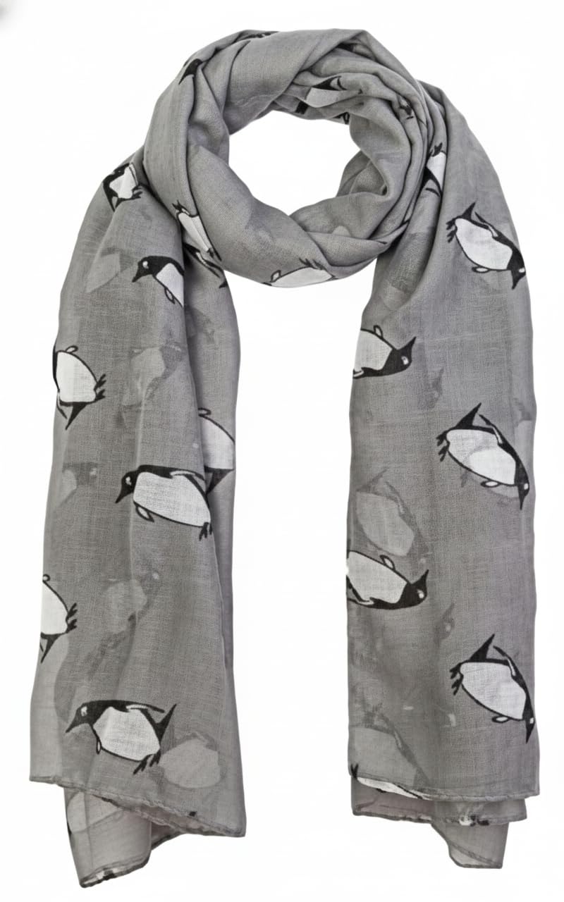 World Of Shawls Women's Grey Penguin Print Fashion Scarf Wrap Shawl Maxi Sarong (Grey)