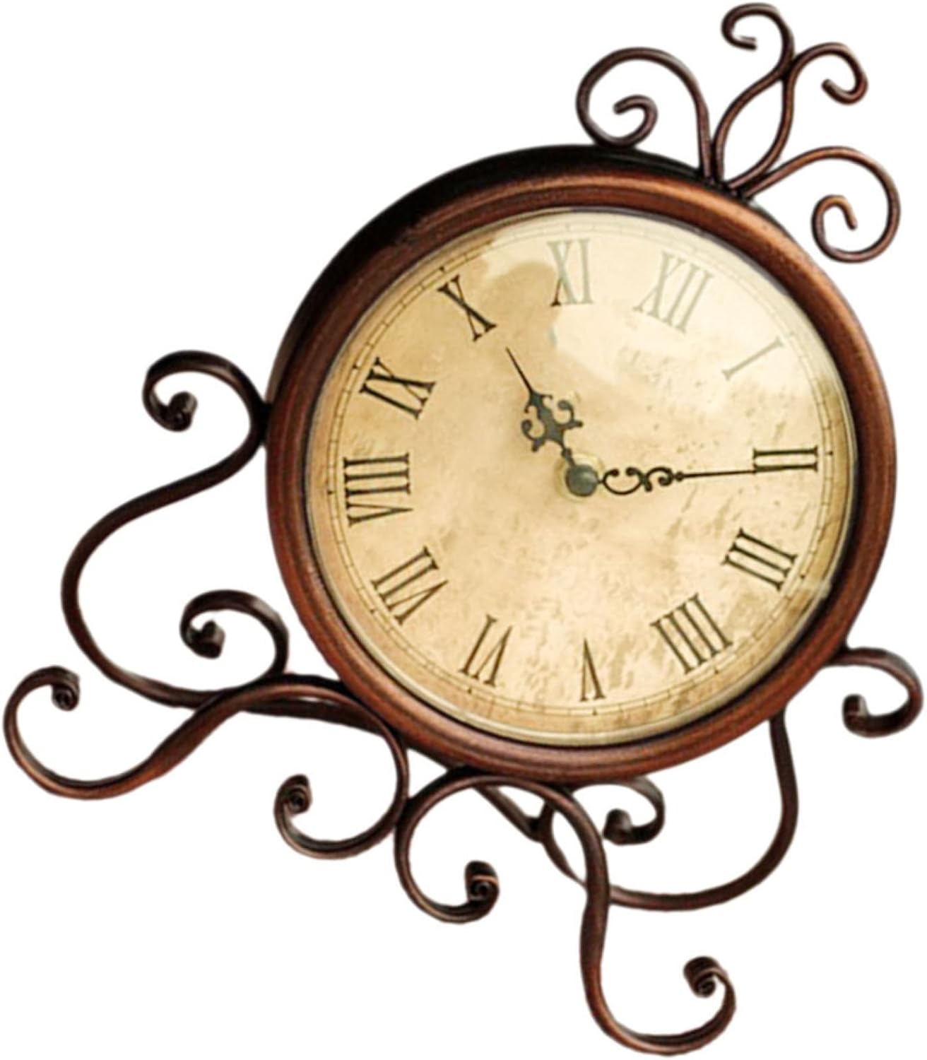European Retro Iron Mantel Clock Non-Ticking Vintage Desk Clock Ornament Brown Without Battery for Living Room Table Decoration