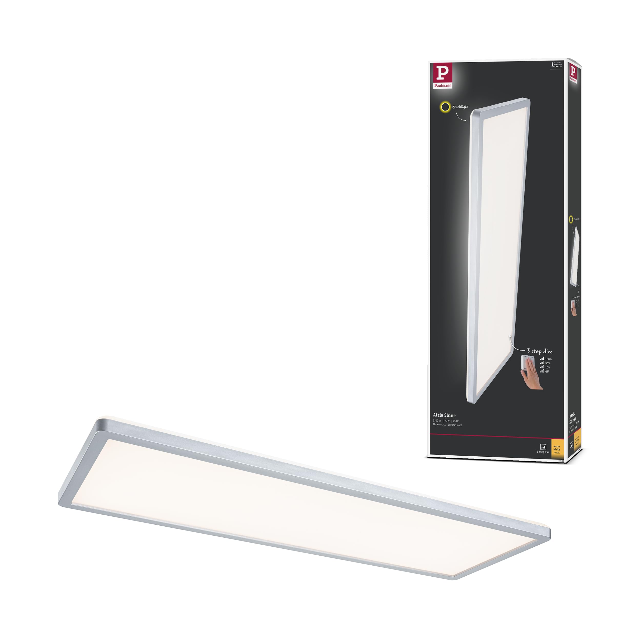 Paulmann 70996 LED Panel Atria Shine 580x200 mm 3-Step-Dim Angular incl. 1x22 W dimmable Warm White Chrome matt Light Panel Plastic Ceiling Panel 3000 K
