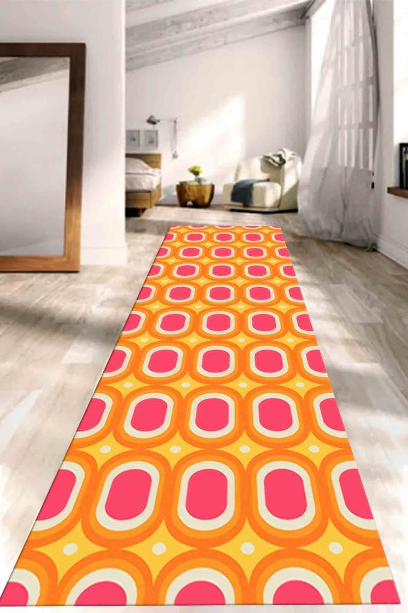 Tapis de sol entrée et salon style seventies rose orange 90x220cm en poils courts