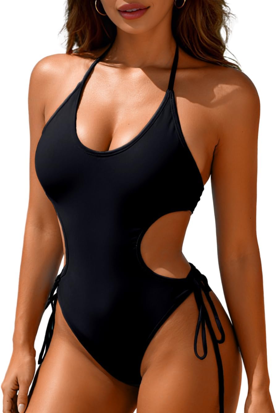 ChiaoLezhee Women's 2026 Flattering Halter Monokini, Sexy Cut-Out Cheeky High-Cut Low Back One Piece Swimsuit