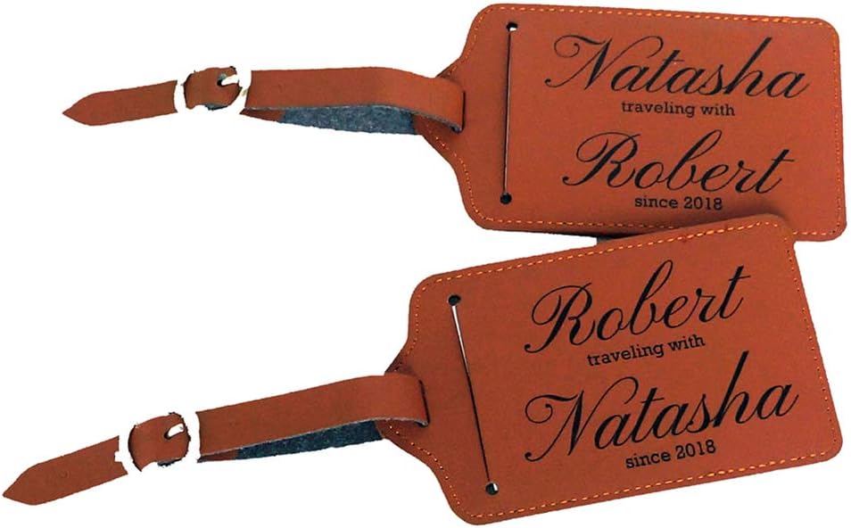 Personalized Set of 2 Leather Luggage Tags, Custom Luggage Tag, Wedding Gift, Honeymoon Traveler Gift (Brown)
