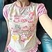 Sweet Crop Top Cartoon Print Harajuku Contrast Color T-Shirt Women Y2k Aesthetic Slim Ruffled Tee (Pink,Medium)