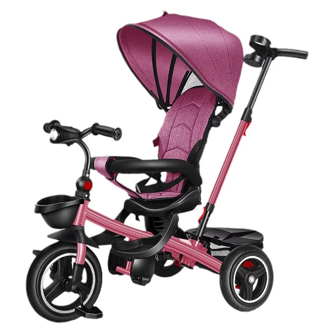 Folding Toddler Stroller Buggies for 1-5 Years,Swivel seat with Reclining backrest,Toddler tricycles with Parent Handle,Canopy,guardrail,Toddler trikes with Titanium Wheel and Headlight (red 5 in 1)