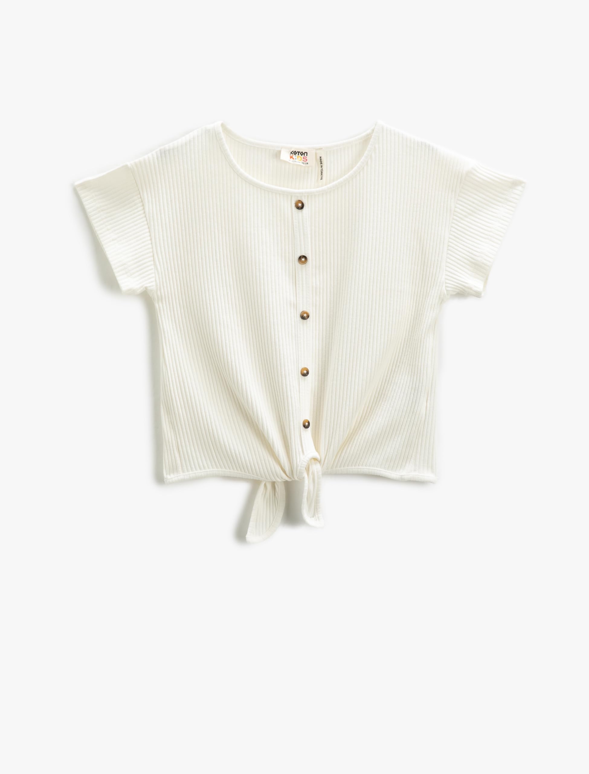 Koton Crop Blouse Front Shirred Short Sleeve Lace Detail T-Shirt, Bianco (000), 6-7 Anni Girls's